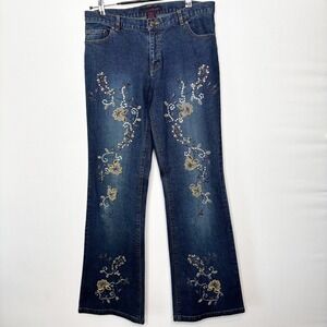 Willi Smith Floral Embroidered Beaded Flare Jeans Size 12 Mid Rise Y2K Boho
